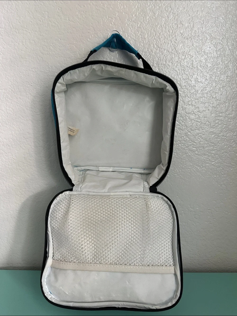 Walmart blue insulated lunch box with a minimalist white ’LUNCH’ graphic-used